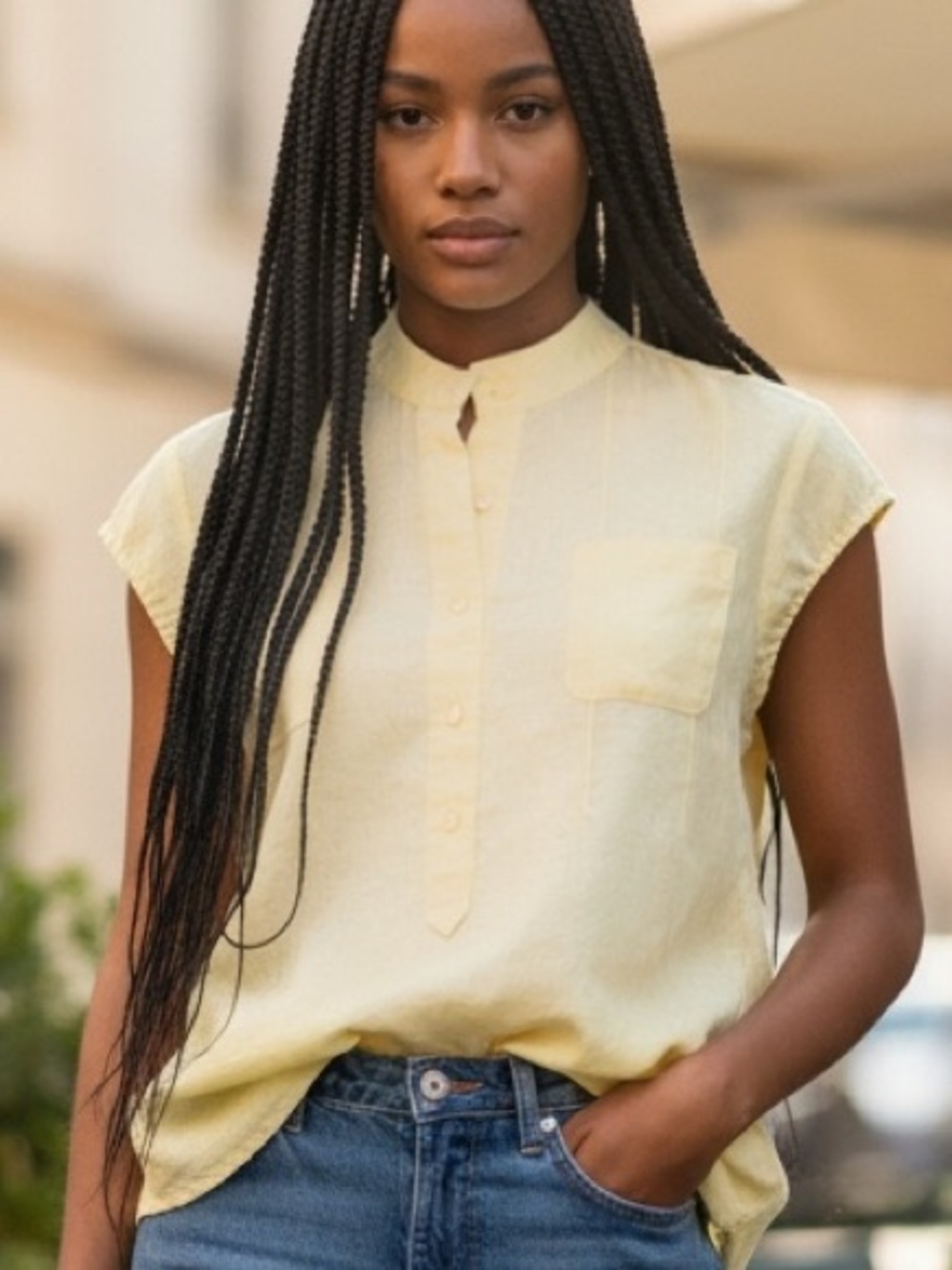 90s ALEXANDRA BARTLETT LINEN PASTEL YELLOW BOHO PUFFED SHORT SLEEVED BLOUSE SZ M - Picture 1 of 9